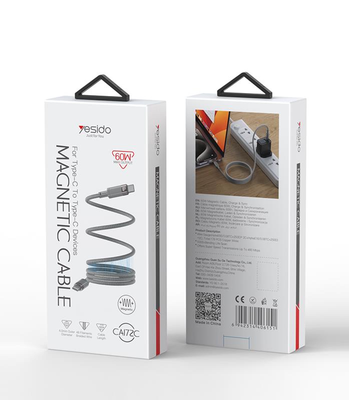 Yesido magnetyczny Kabel CA172C 60W Type-C - Type-C 1m 3A, GRAY / SZARY / 2