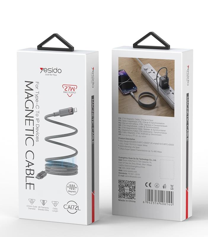 Yesido magnetyczny Kabel CA172L 27W Type-C - Lightning 1m 3A, GRAY / SZARY / 2