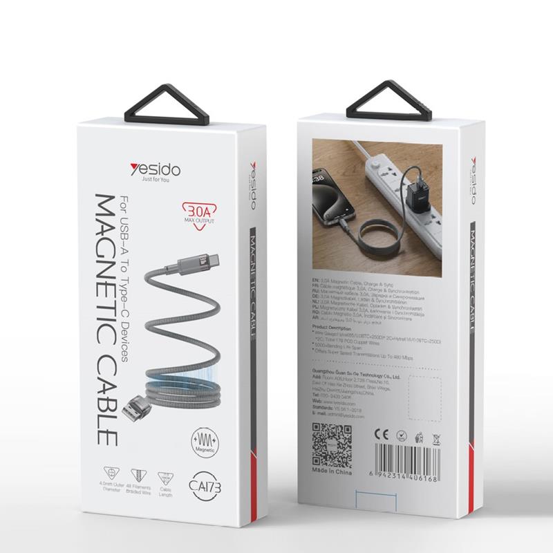 Yesido magnetyczny Kabel CA173 18W USB-Type-C 1m 3A, GRAY / SZARY / 2