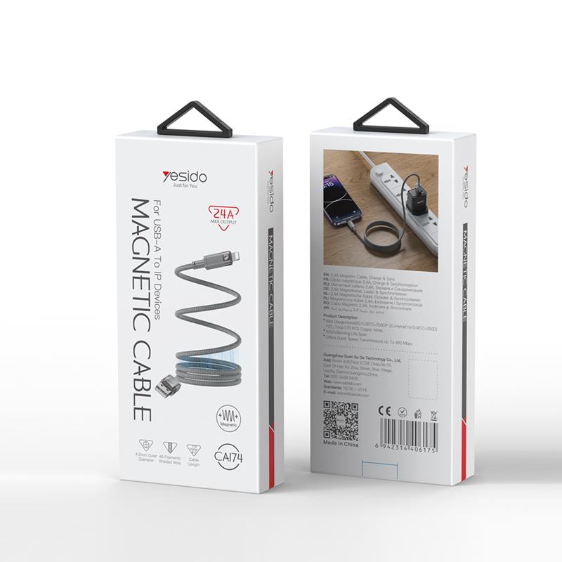 Yesido magnetyczny Kabel CA174 12W USB-Lightning 1m 2.4A, GRAY / SZARY / 2