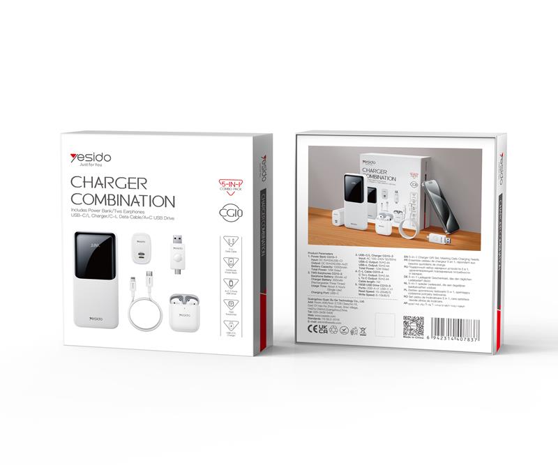 Yesido Powerbank CG10 EU 10 000 mAh LED (Zestaw Prezentowy 5w1). WHITE / BIA�Y / 2