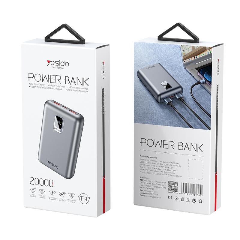 Yesido Powerbank YP47 20 000 mAh 22.5W + PD20W, LED, SILVER / SREBRNY / 2