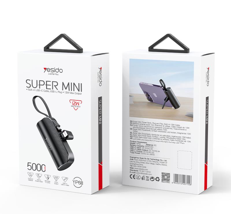Yesido Powerbank YP68 5 000 mAh 12W + kabel USB-C, z��cze Lightning, CZARNY / 2