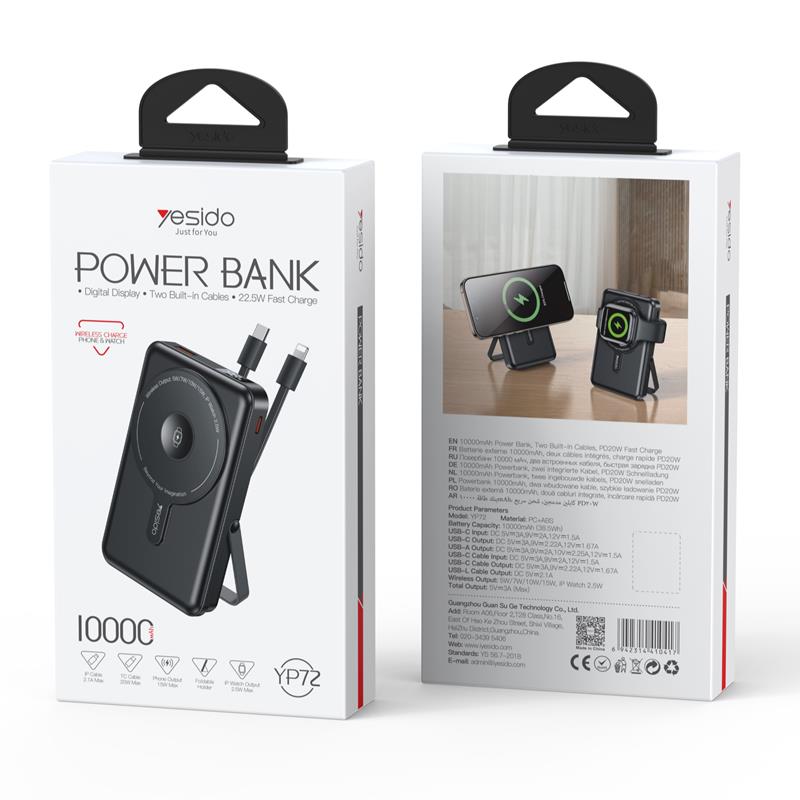 Yesido Powerbank YP72 10 000 mAh 22.5W USB-A+C + kabel USB-C+iP, CZARNY / 2