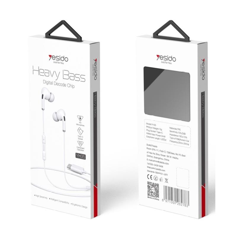 Yesido S�uchawki Dokana�owe YH35 Type-C 120cm, WHITE / BIA�Y / 2