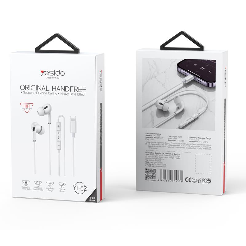 Yesido S�uchawki Dokana�owe YH52 Lightning 120cm, WHITE / BIA�Y / 2