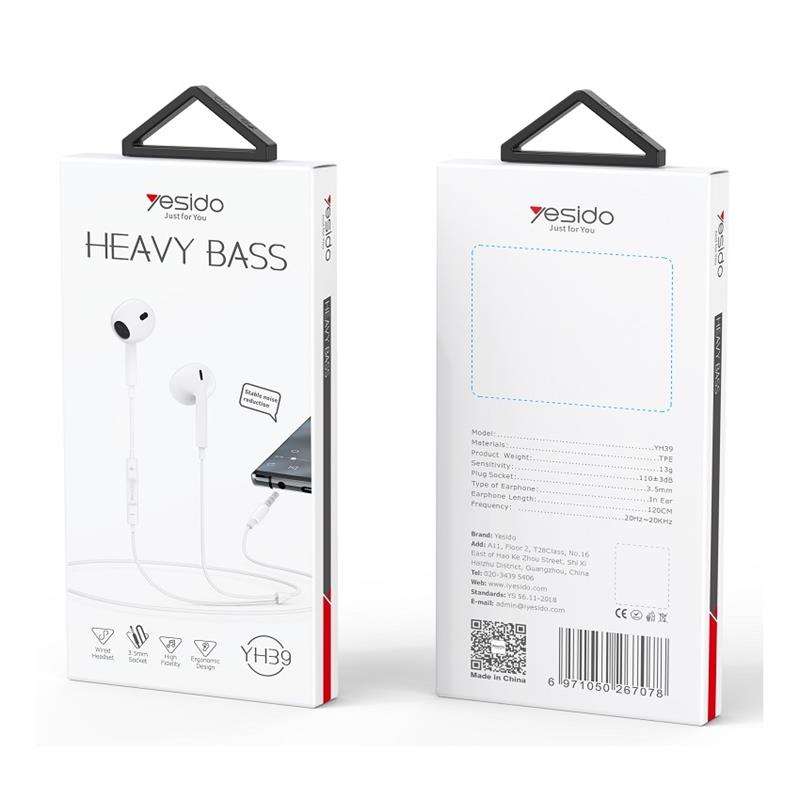 Yesido S�uchawki Douszne YH38 Type-C 120cm, WHITE / BIA�Y / 2