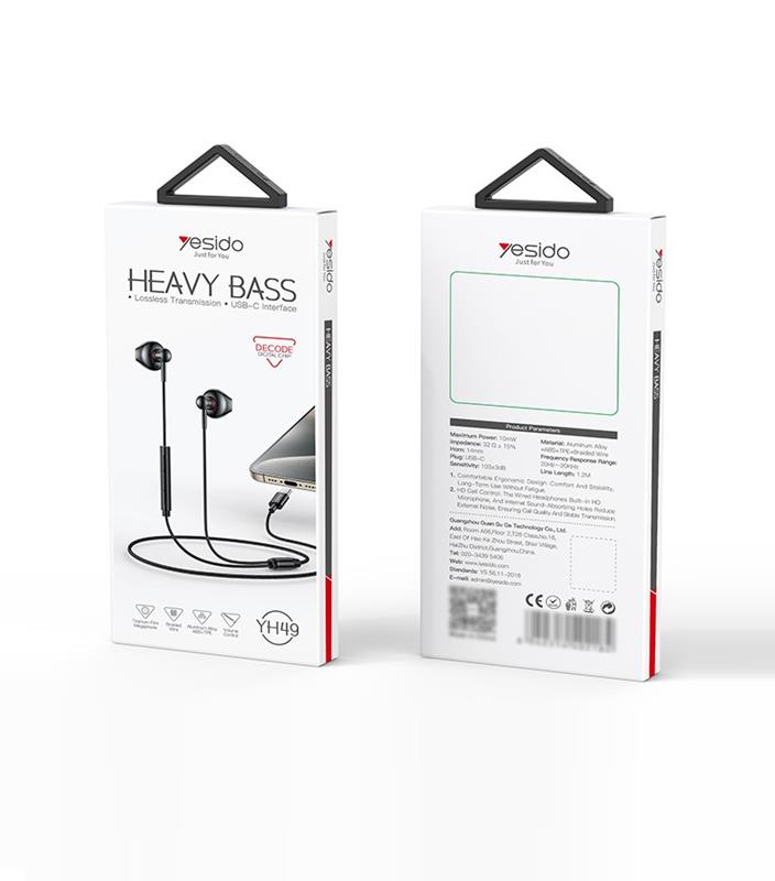 Yesido S�uchawki Douszne YH49 Type-C 120cm, BLACK / CZARNY / 2