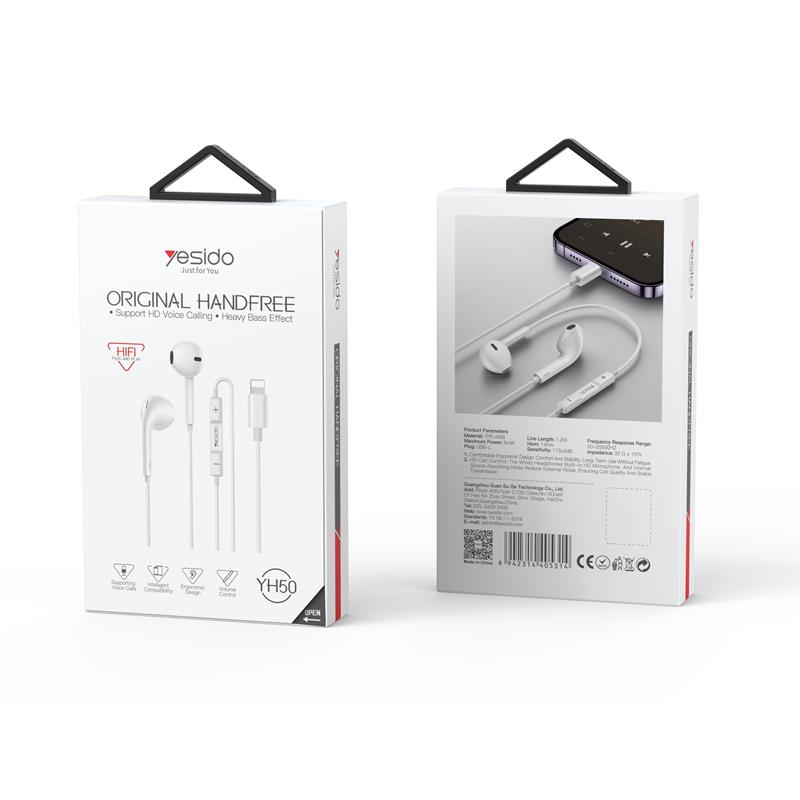 Yesido S�uchawki Douszne YH50 Lightning 120cm, WHITE / BIA�Y / 2