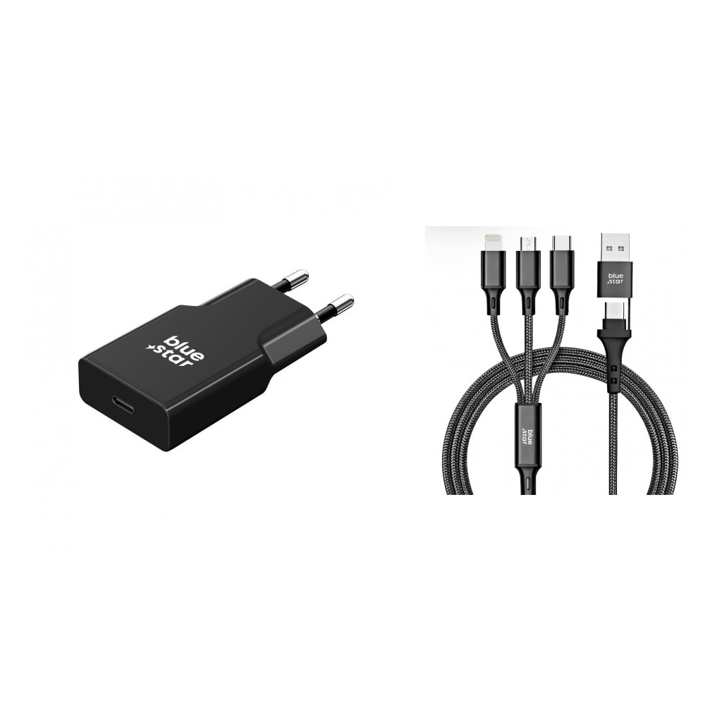 Szybka ładowarka sieciowa Blue Star Slim GaN 20W z kablem 4w1 1,2 m czarna myPhone Hammer 4 Plus Szybka ładowarka sieciowa Blue Star Slim GaN 20W z kablem 4w1 1,2 m czarna myPhone Hammer 4 Plus