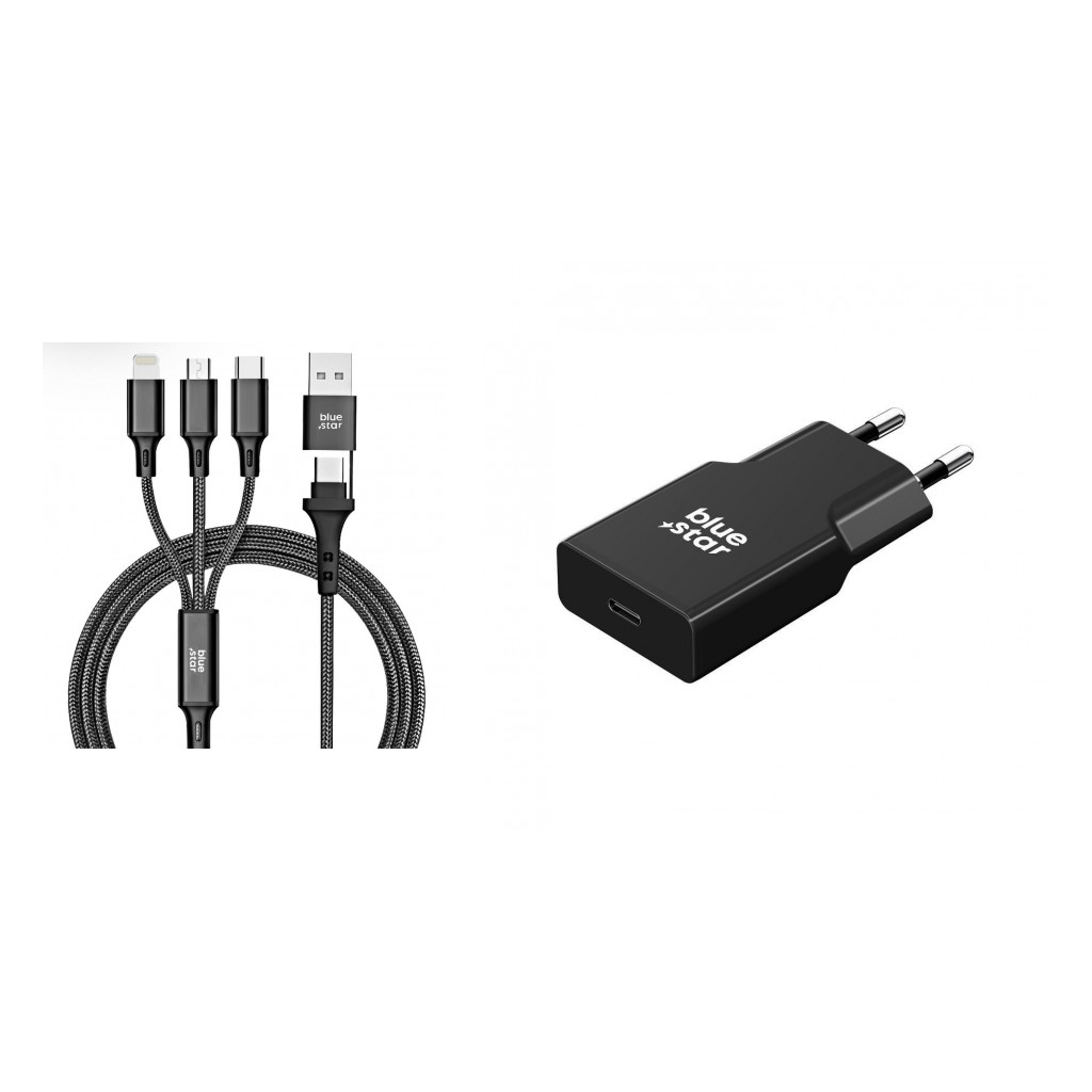 Szybka ładowarka sieciowa Blue Star Slim GaN 20W z kablem 4w1 1,2 m czarna myPhone Hammer 4 Plus / 3 Szybka ładowarka sieciowa Blue Star Slim GaN 20W z kablem 4w1 1,2 m czarna myPhone Hammer 4 Plus / 3
