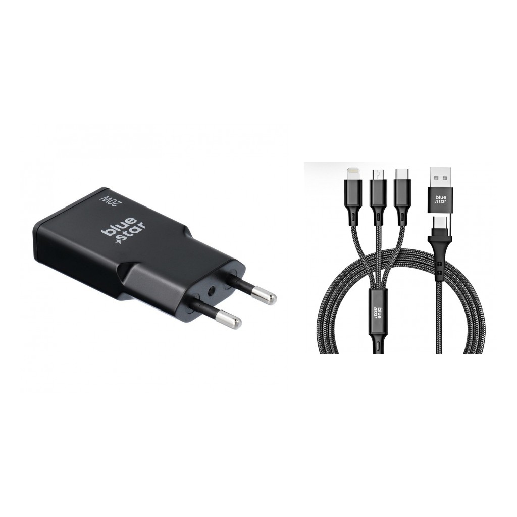 Szybka ładowarka sieciowa Blue Star Slim GaN 20W z kablem 4w1 1,2 m czarna myPhone Hammer 4 Plus / 2 Szybka ładowarka sieciowa Blue Star Slim GaN 20W z kablem 4w1 1,2 m czarna myPhone Hammer 4 Plus / 2