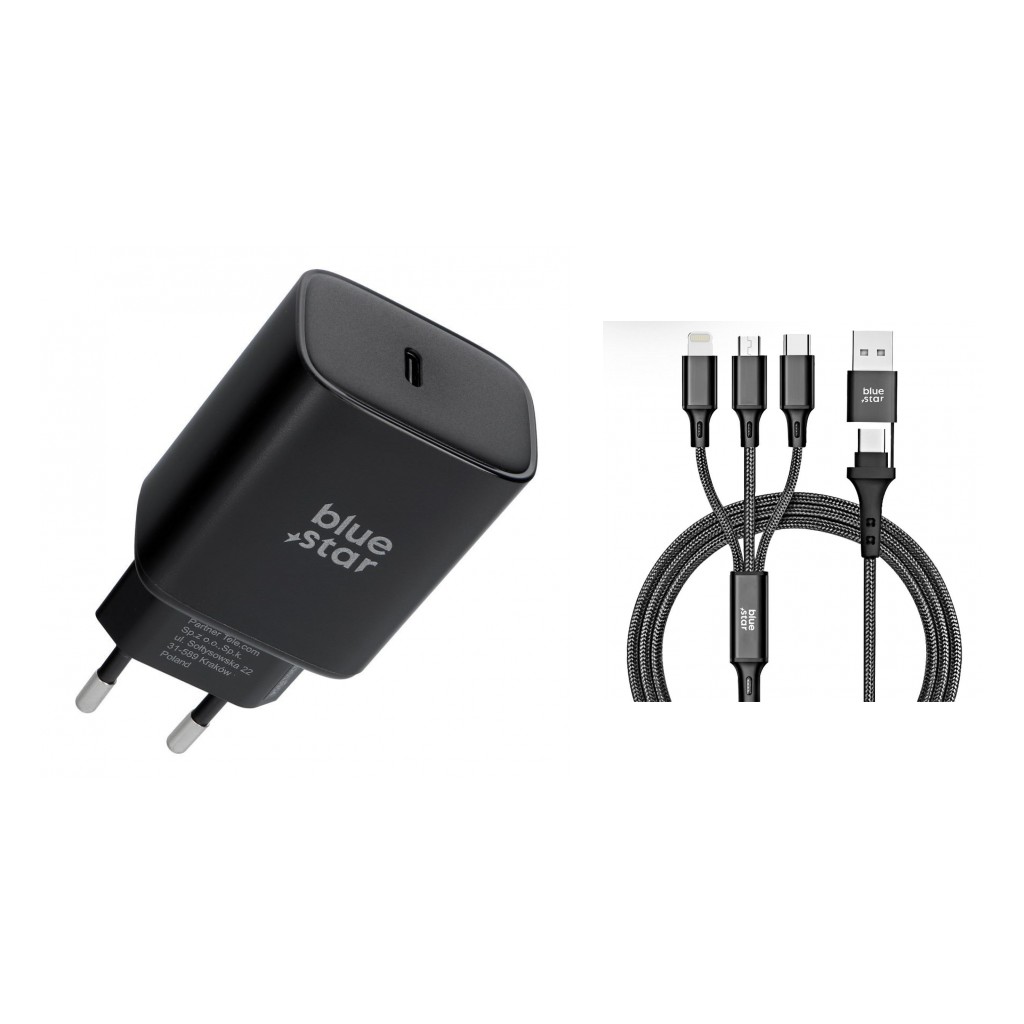 Szybka ładowarka sieciowa Blue Star USB-C 60W AVS z kablem 4w1 1,2 m czarna myPhone Hammer 4 Plus Szybka ładowarka sieciowa Blue Star USB-C 60W AVS z kablem 4w1 1,2 m czarna myPhone Hammer 4 Plus