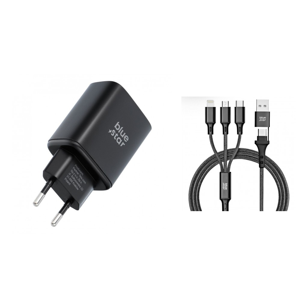 Szybka ładowarka sieciowa Blue Star USB-C 60W AVS z kablem 4w1 1,2 m czarna myPhone Hammer 4 Plus / 2 Szybka ładowarka sieciowa Blue Star USB-C 60W AVS z kablem 4w1 1,2 m czarna myPhone Hammer 4 Plus / 2