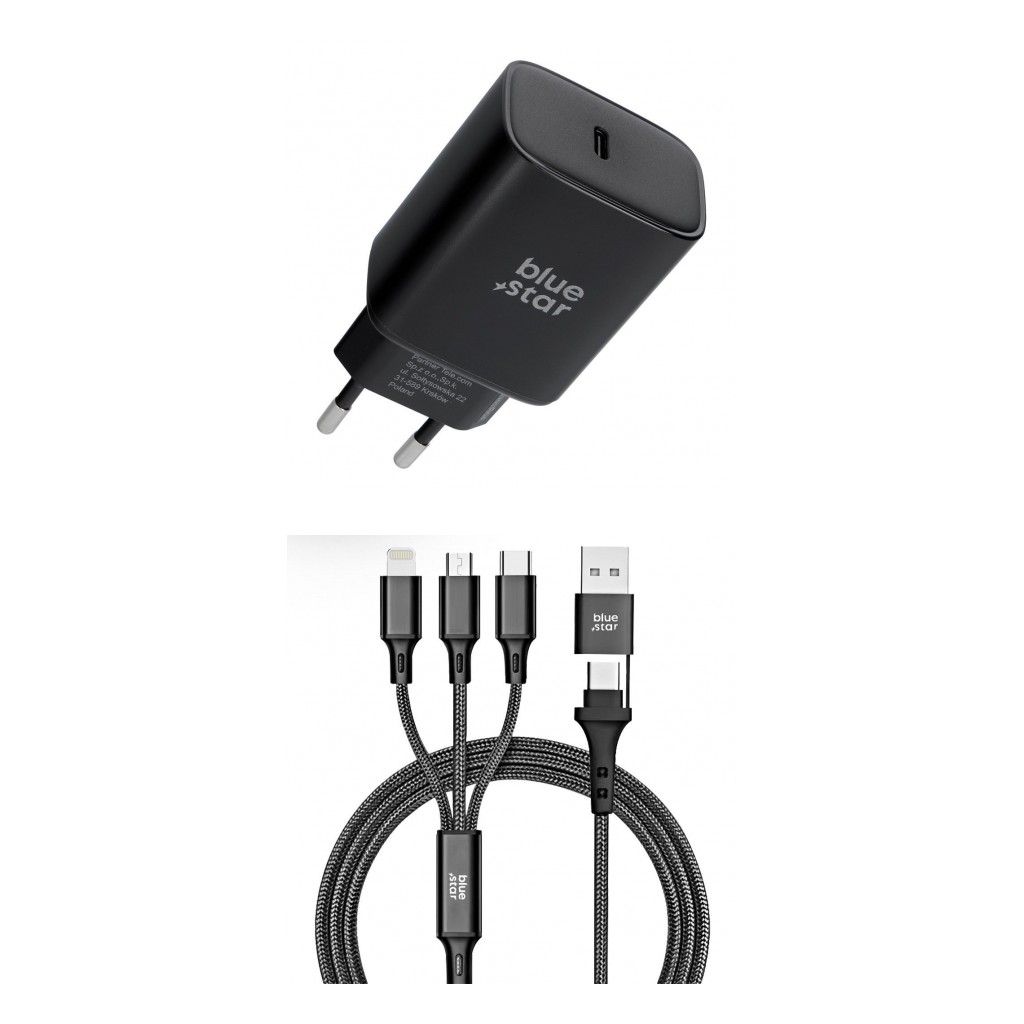 Szybka ładowarka sieciowa Blue Star USB-C 60W AVS z kablem 4w1 1,2 m czarna myPhone Hammer 4 Plus / 8 Szybka ładowarka sieciowa Blue Star USB-C 60W AVS z kablem 4w1 1,2 m czarna myPhone Hammer 4 Plus / 8