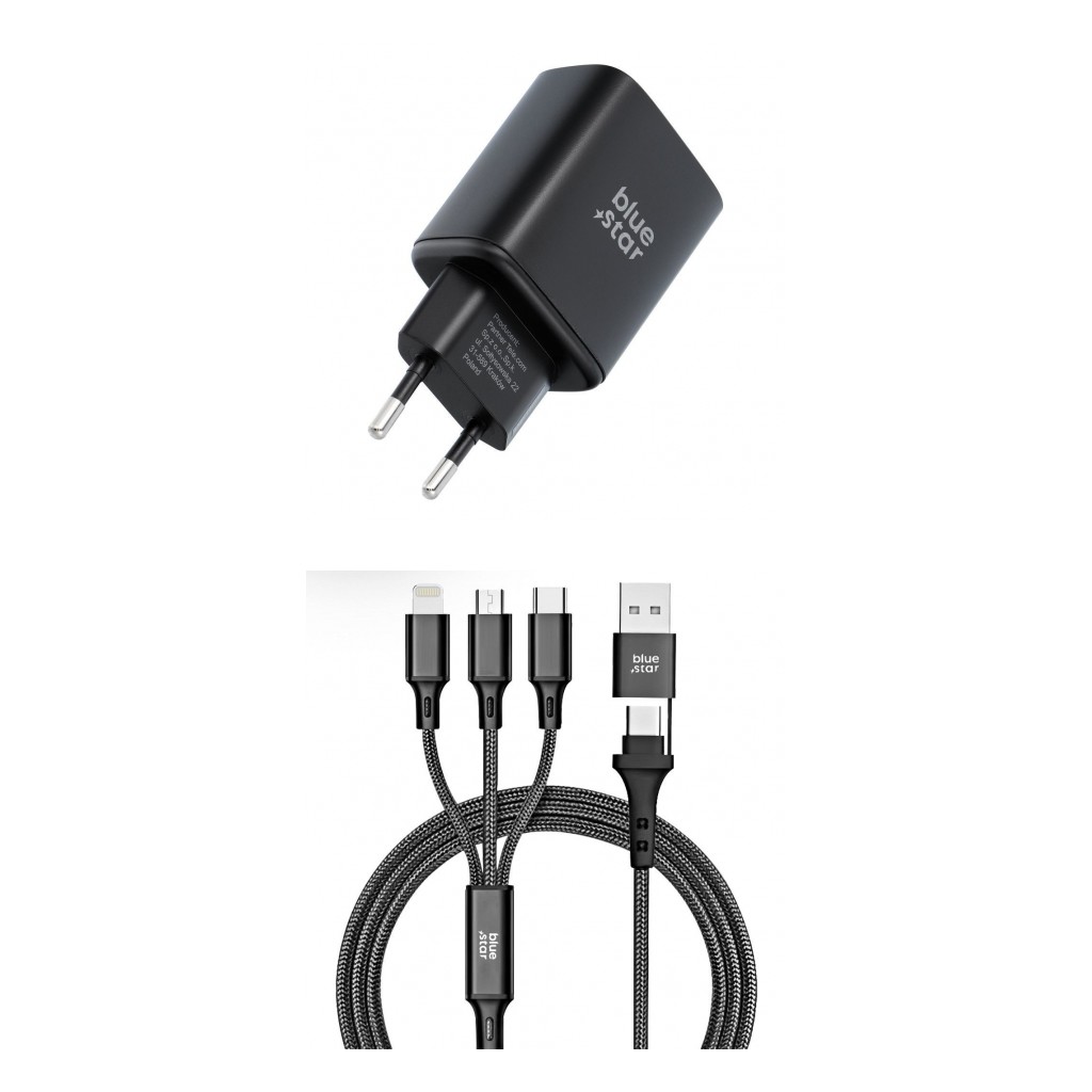 Szybka ładowarka sieciowa Blue Star USB-C 60W AVS z kablem 4w1 1,2 m czarna myPhone Hammer 4 Plus / 3 Szybka ładowarka sieciowa Blue Star USB-C 60W AVS z kablem 4w1 1,2 m czarna myPhone Hammer 4 Plus / 3